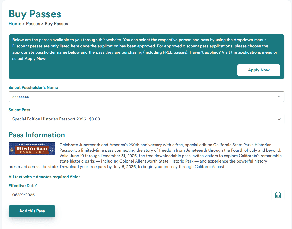 Free California State Parks Historian Passport Pass, Valid Through 2026 image 2