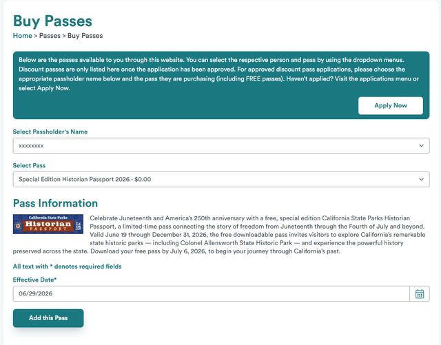 Free California State Parks Historian Passport Pass, Valid Through 2026 image 2