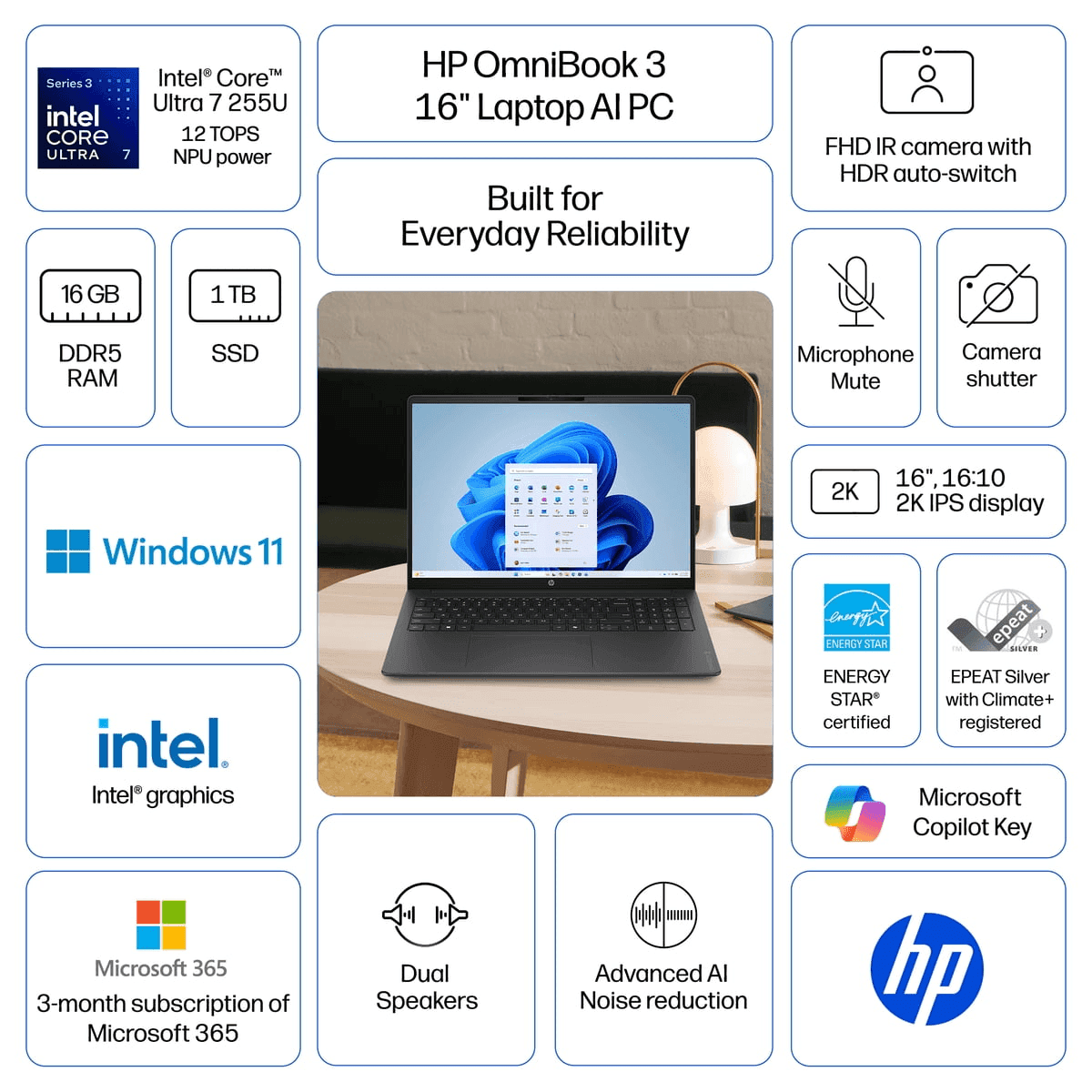 HP OmniBook 3 16-inch Core Ultra 7 Laptop, 16GB RAM, 1TB SSD image 2