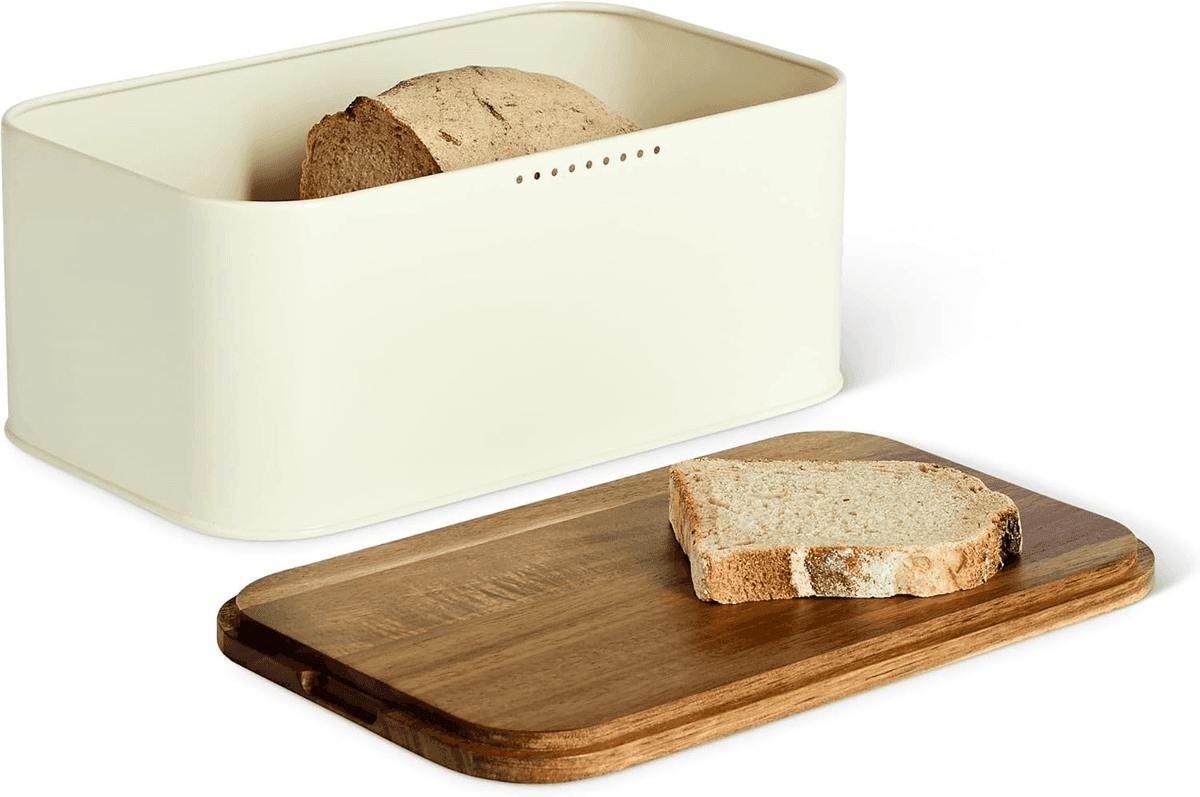 Amazon Basics Carbon Steel Bread Box with Acacia Wood Lid