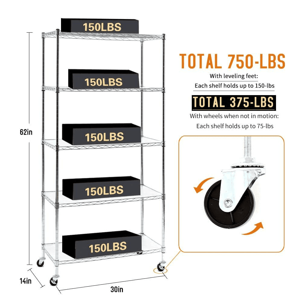 EFINE 5-Tier Rolling Carbon Steel Wire Shelving Unit image 4