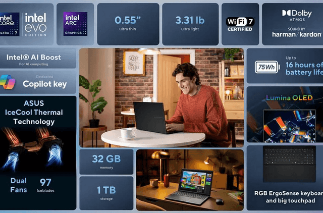 ASUS Vivobook S 16-Inch 3K OLED Core Ultra 7 Laptop with 32GB RAM and 1TB SSD image 2