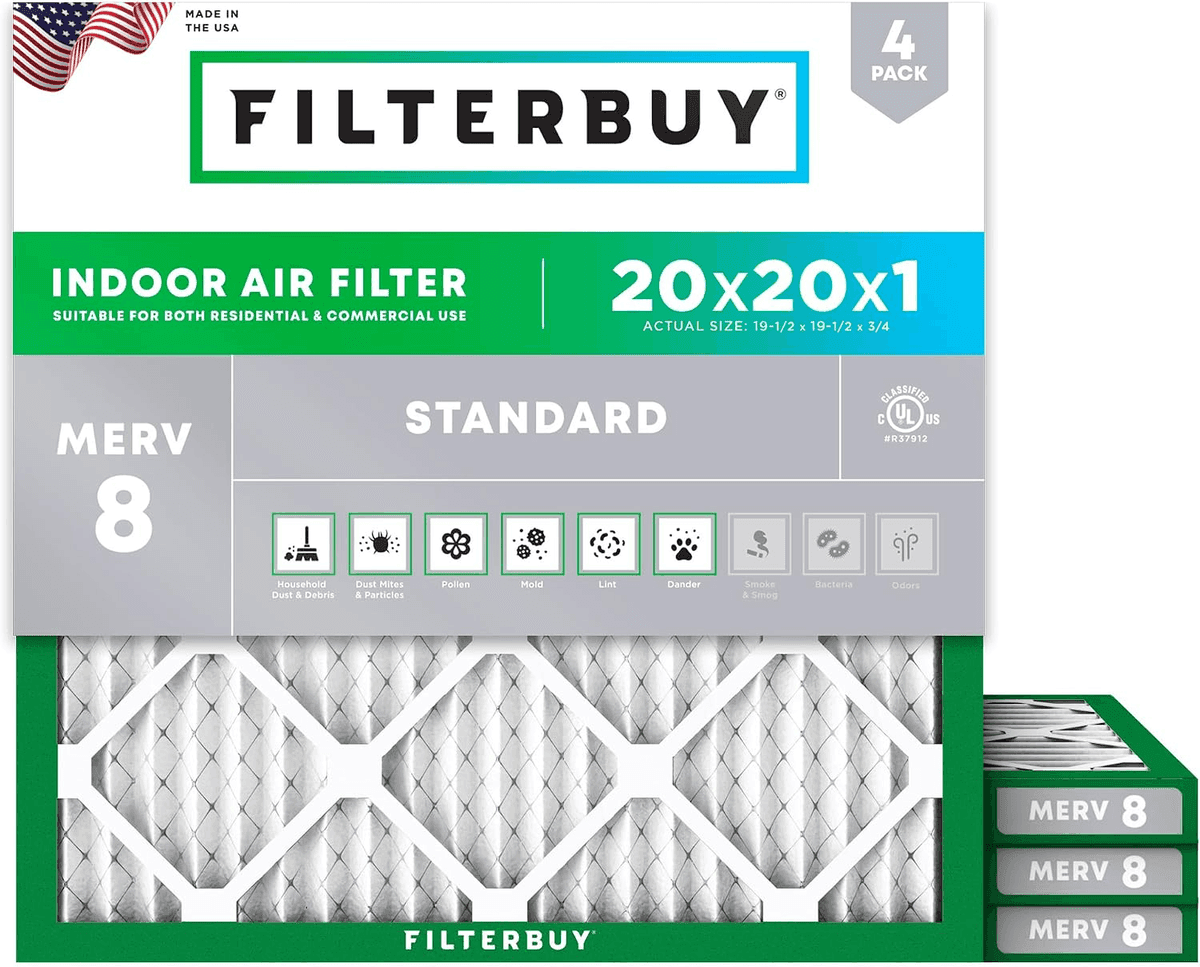 Filterbuy 20x20x1 MERV 8 HVAC Air Filters - 4 Pack