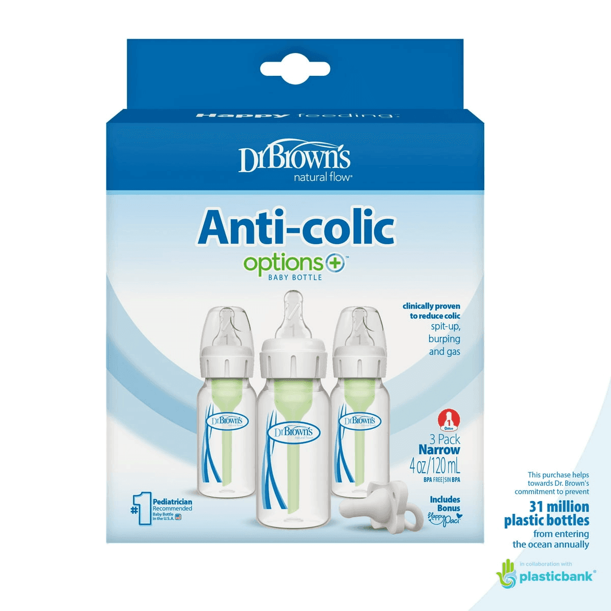 Dr. Brown's Anti-Colic 4oz Baby Bottles with HappyPaci - 3 Pack image 2