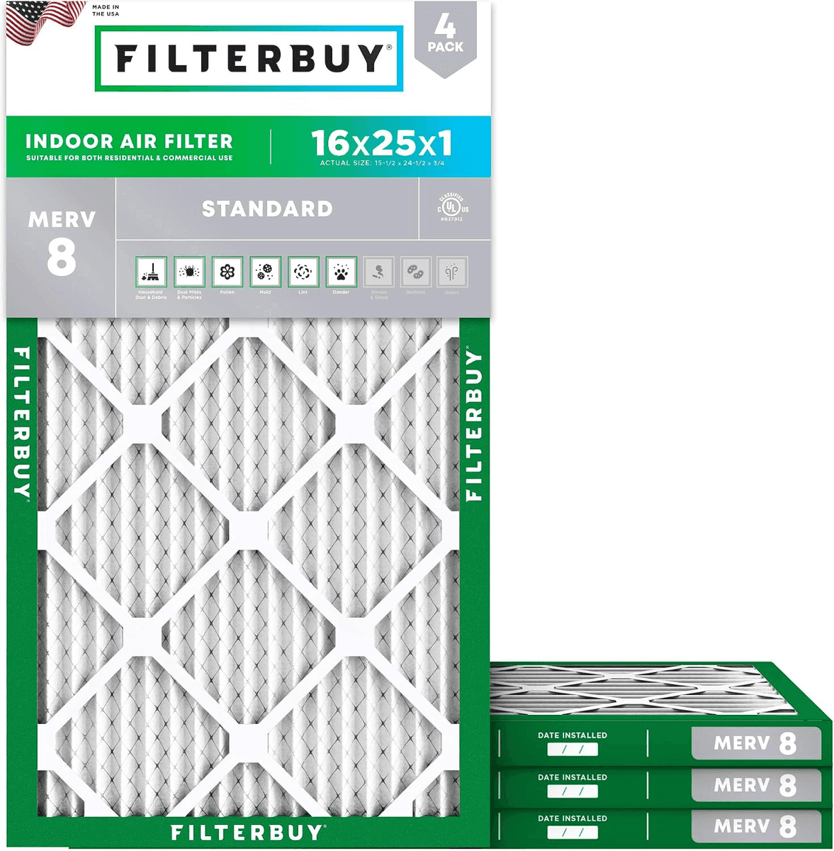 Filterbuy 16x25x1 MERV 8 HVAC Air Filters, 4-Pack