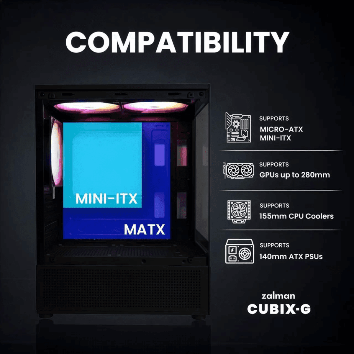 Zalman CUBIX-G Micro-ATX PC Case with 3 FRGB Fans (Black) image 5