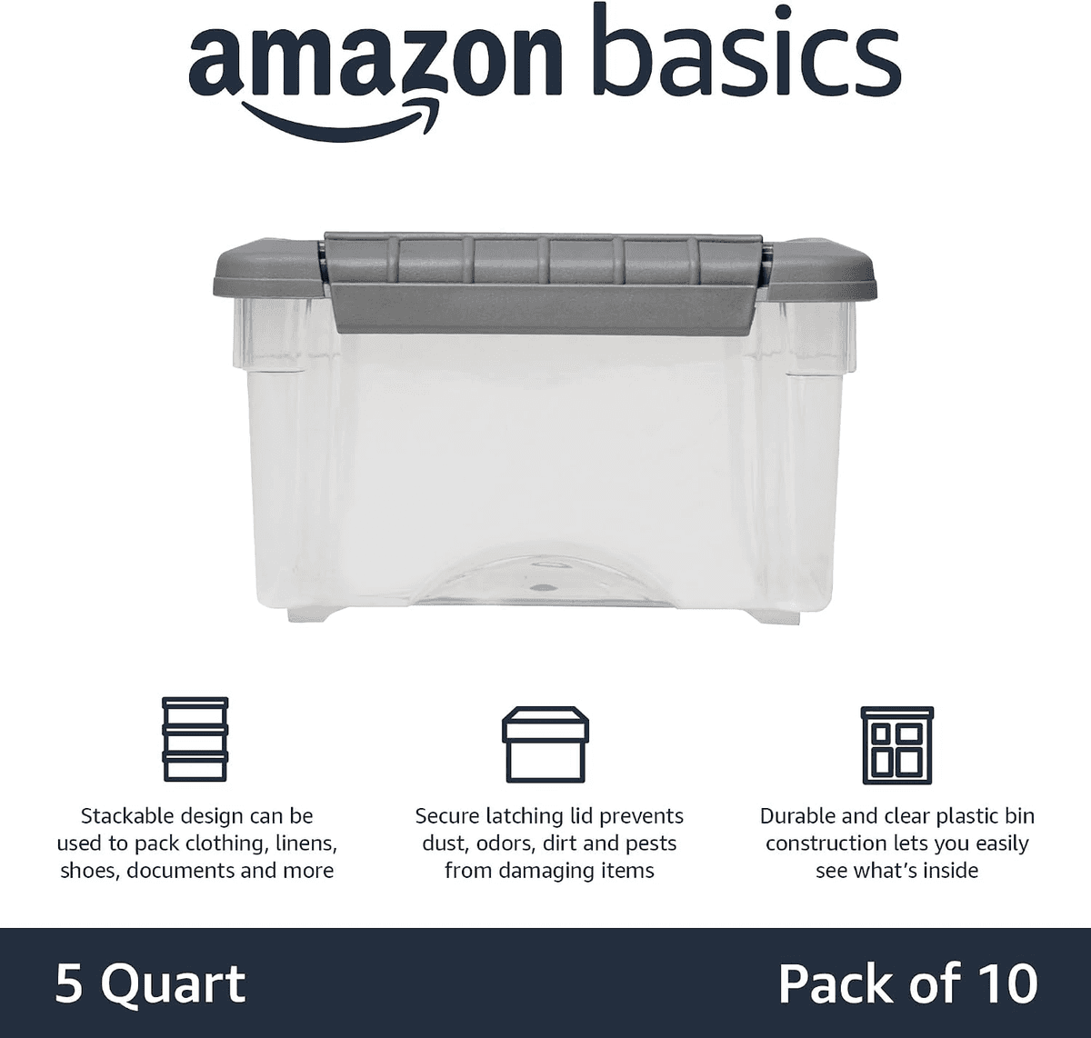 Amazon Basics 5-Quart Latching Storage Bins, 10-Pack image 2