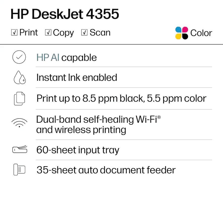 HP DeskJet 4355 Wireless All-in-One Printer image 2