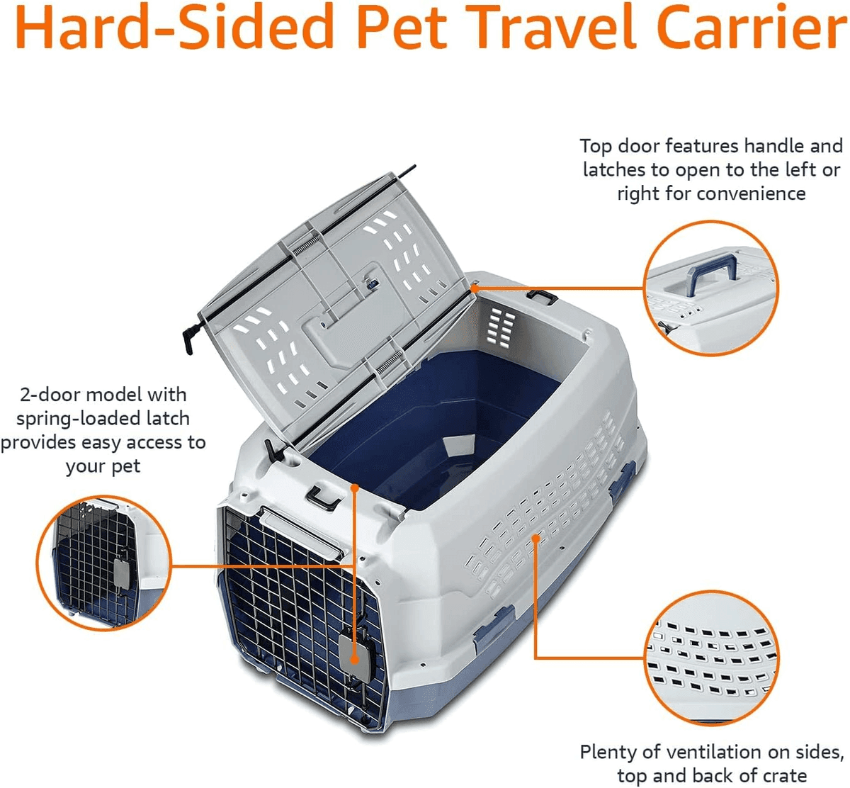 Amazon Basics 23-inch 2-Door Hard-Sided Pet Carrier, Gray & Blue image 3