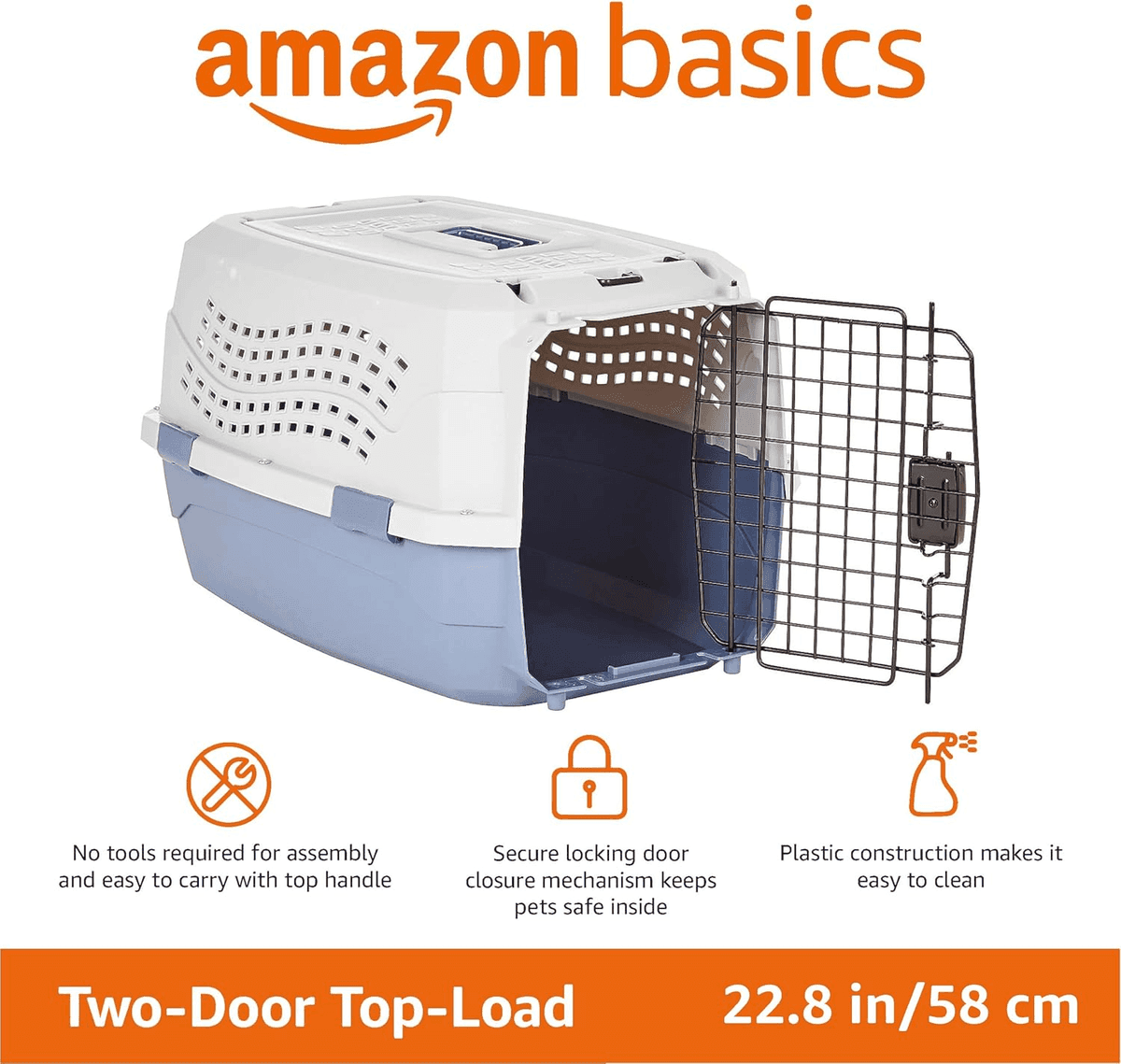 Amazon Basics 23-inch 2-Door Hard-Sided Pet Carrier, Gray & Blue image 2