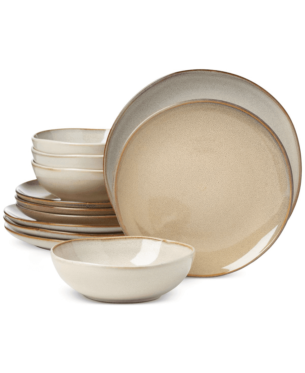 Oneida Organic Shades 12-Piece Stoneware Dinnerware Set, Taupe/Grey/Natural