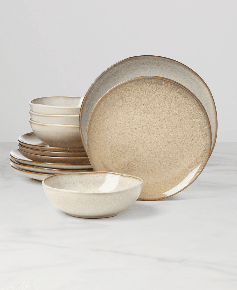 Oneida Organic Shades 12-Piece Stoneware Dinnerware Set, Taupe/Grey/Natural image 2