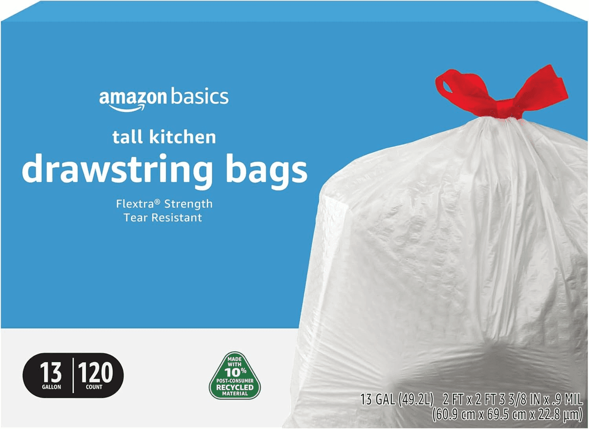Amazon Basics 13-Gallon Tall Kitchen Drawstring Trash Bags, 120 Count