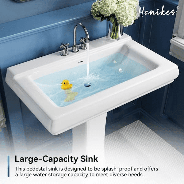 Hanikes 26 in. White Vitreous China Rectangular Pedestal Bathroom Sink image 3
