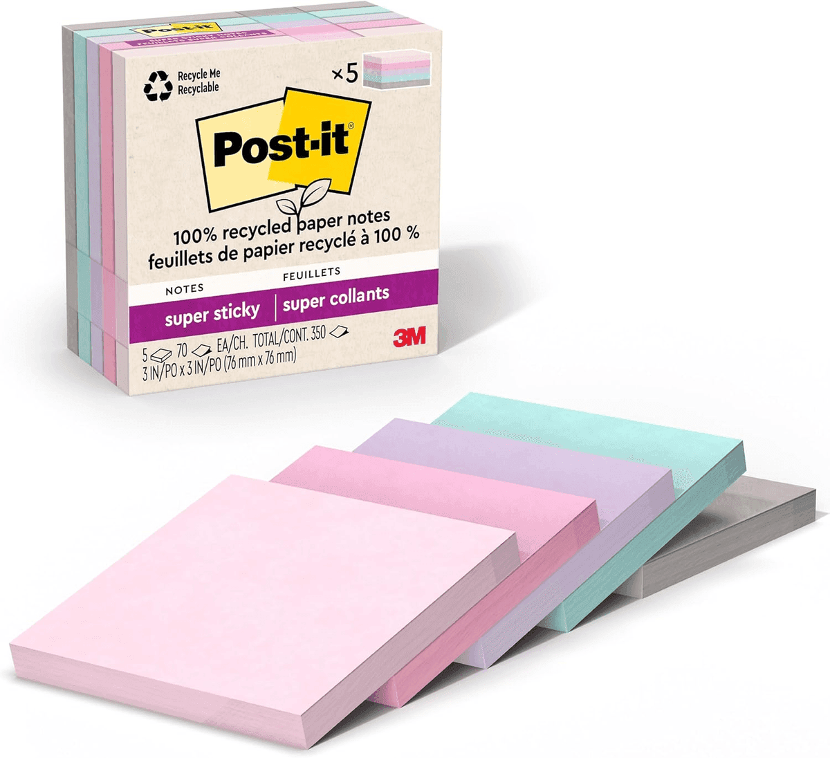 Post-it 100% Recycled Super Sticky Notes, 3 x 3 in, 5 Pads