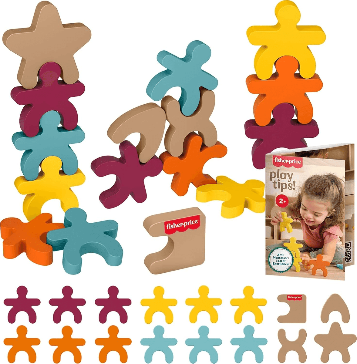 Fisher-Price Montessori Wooden Stacking Shapes, 16 Pieces