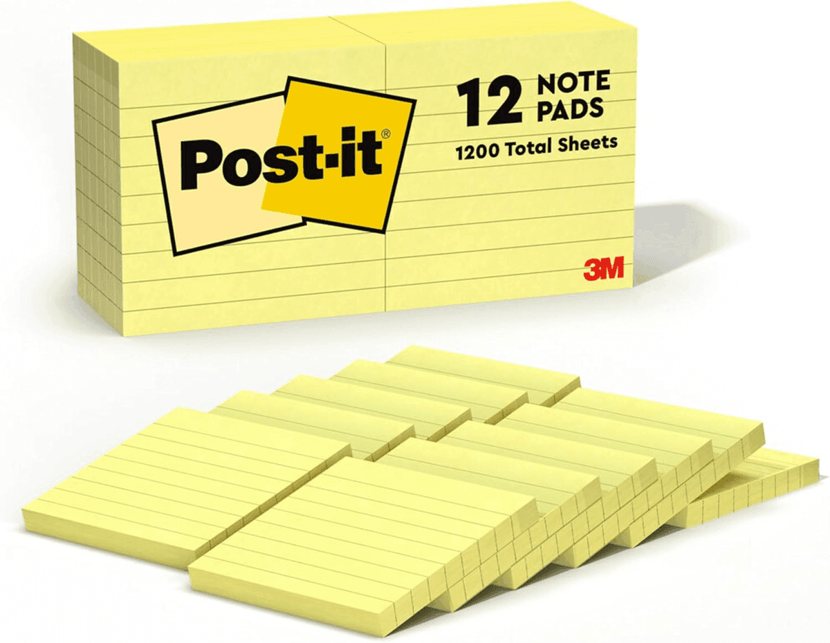 Post-it Canary Yellow Lined Notes, 3 x 3 in, 12 Pads