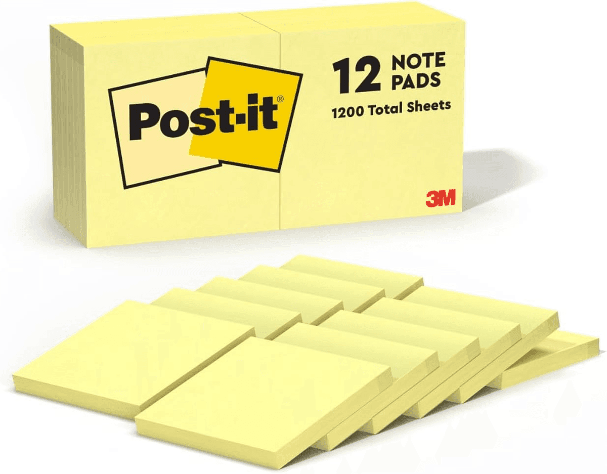 Post-it 3 x 3 Inch Canary Yellow Notes (12 Pads, 1,200 Sheets)
