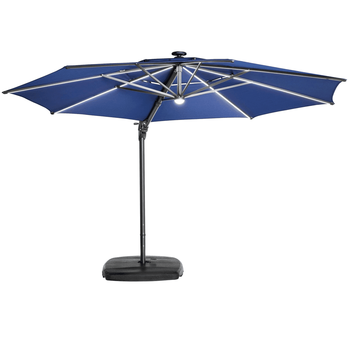 allen + roth 11-ft Aluminum Navy Slide-tilt Cantilever Patio Umbrella with Lights with Base