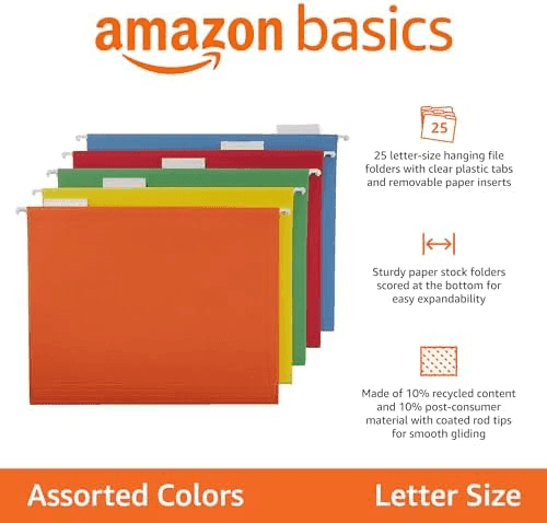 Amazon Basics Letter-Size Hanging File Folders, Assorted Colors (25-Pack) image 2