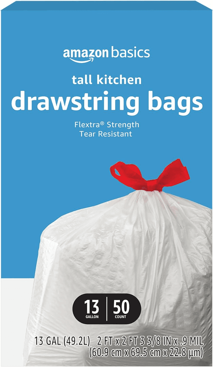 Amazon Basics Flextra 13-Gallon Tall Kitchen Drawstring Bags (50 Count)
