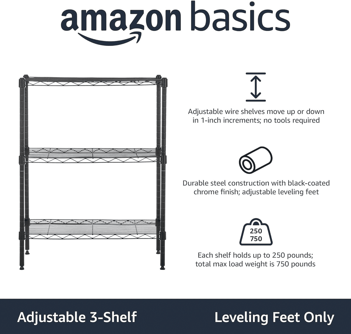 Amazon Basics 3-Shelf Adjustable Steel Wire Rack (Black) image 4