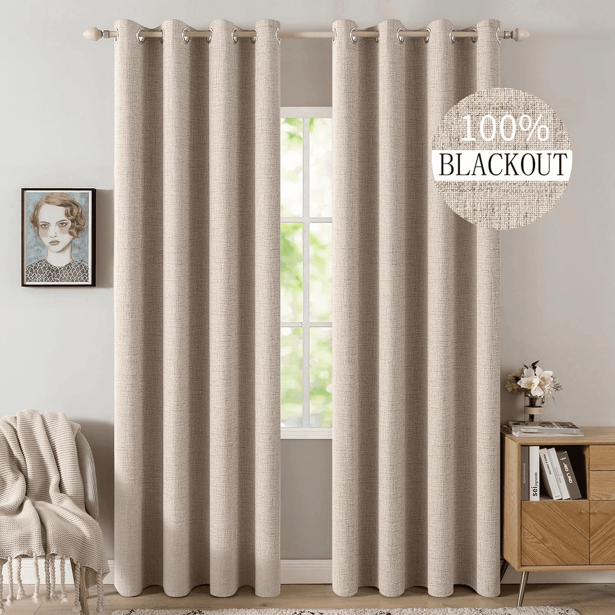 MIULEE 100% Blackout Linen Curtains 52 x 84 Inches, 2 Panels - Beige