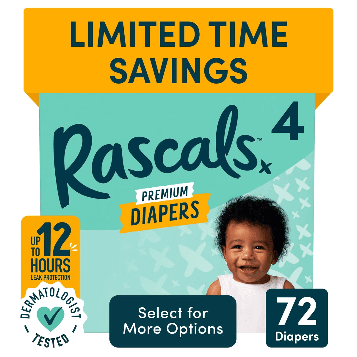 Rascals Premium Baby Diapers Size 4, 72 Count