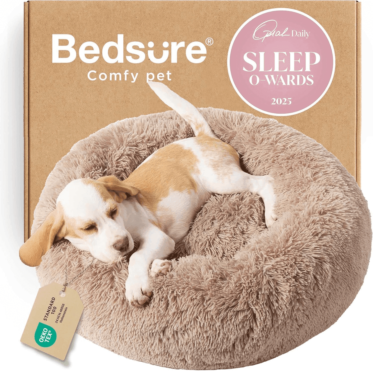 Bedsure Calming 23-inch Donut Pet Bed, Camel
