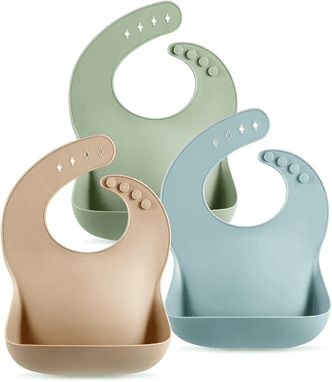 PandaEar Waterproof Silicone Baby Bibs, Brown/Blue/Green, 3-Pack