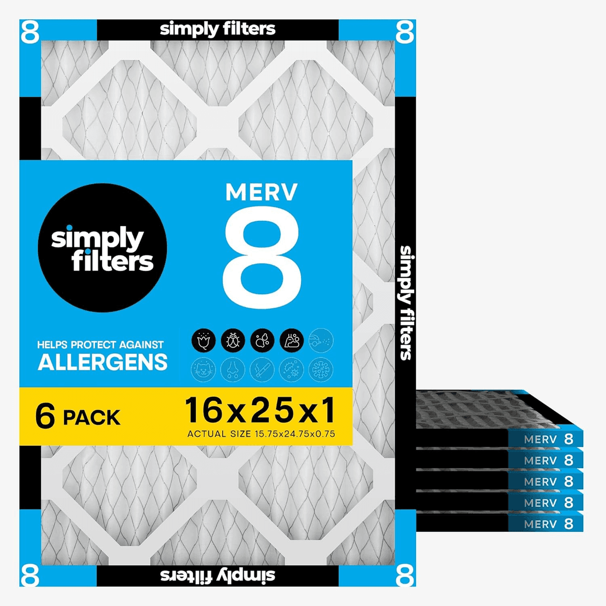 Simply 16x25x1 Air Filter, MERV 8, 6 Pack, For Home AC Furnace & HVAC (Actual Size: 15.75"x24.75"x0.75") DUST, Pet, & Allergy Control