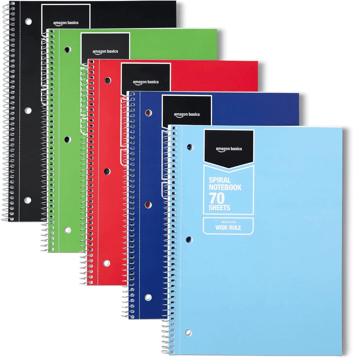 Amazon Basics Wide Ruled Spiral Notebooks, 70 Sheets - 5 Pack
