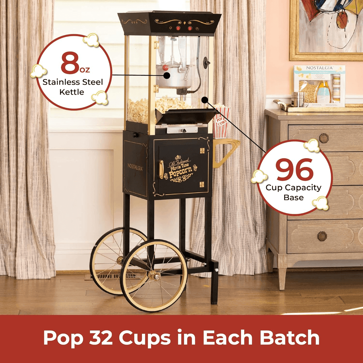 Nostalgia 8-Oz Kettle Popcorn Maker Cart - Black