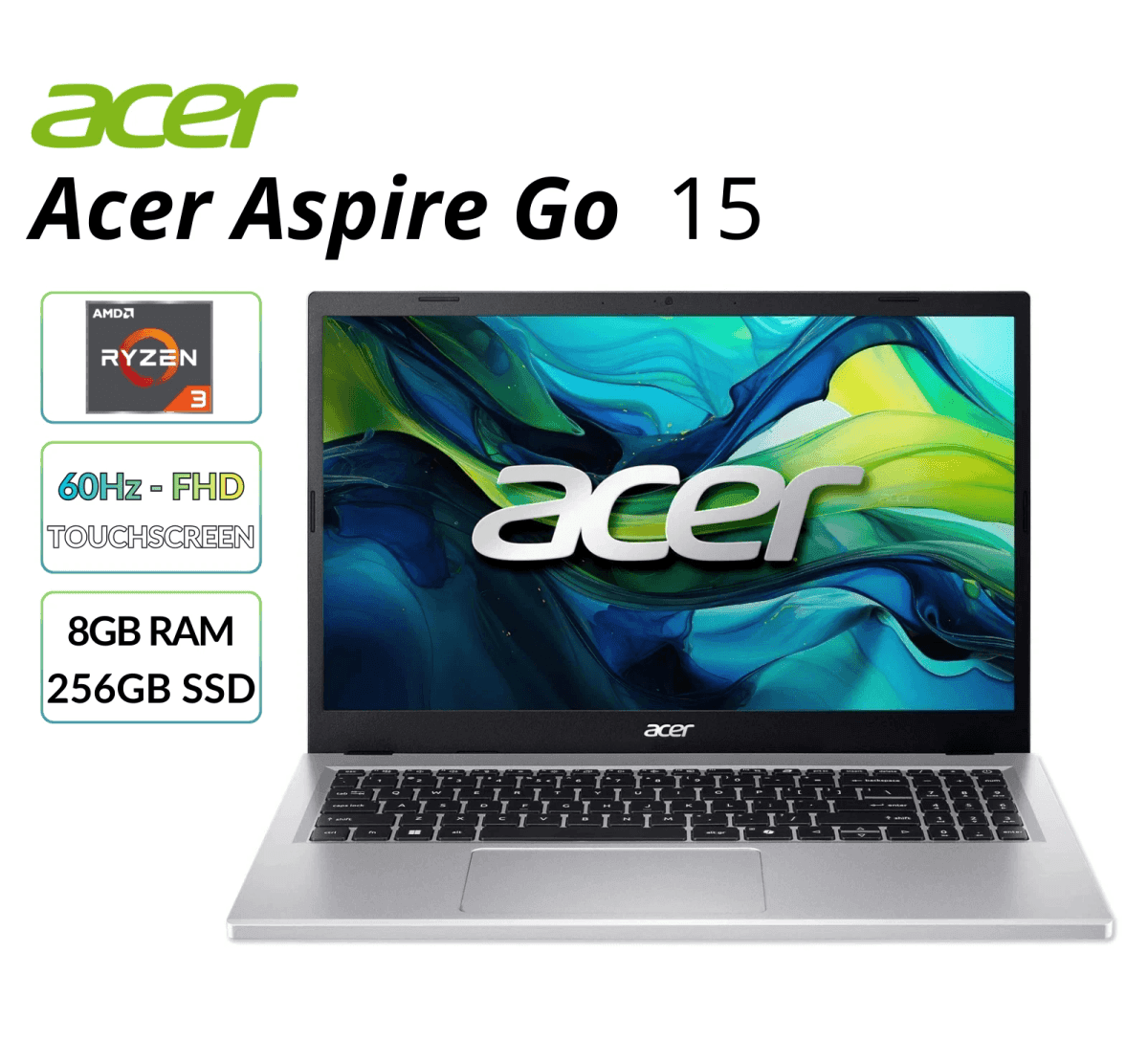 Acer Aspire Go 15 Touchscreen Laptop - Ryzen 3, 8GB RAM, 256GB SSD (New)