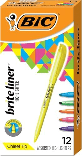 BIC Brite Liner Chisel Tip Highlighters, Assorted Colors, 12 Count