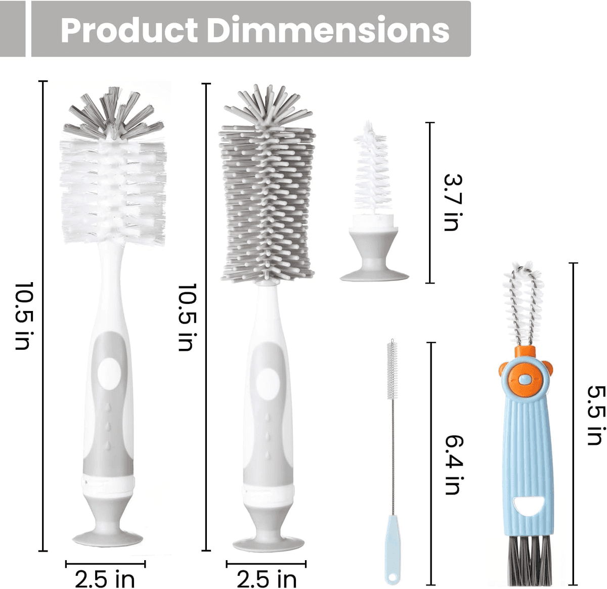 Ariseno 5-in-1 Baby Bottle Cleaner Brush Set, Grey image 2