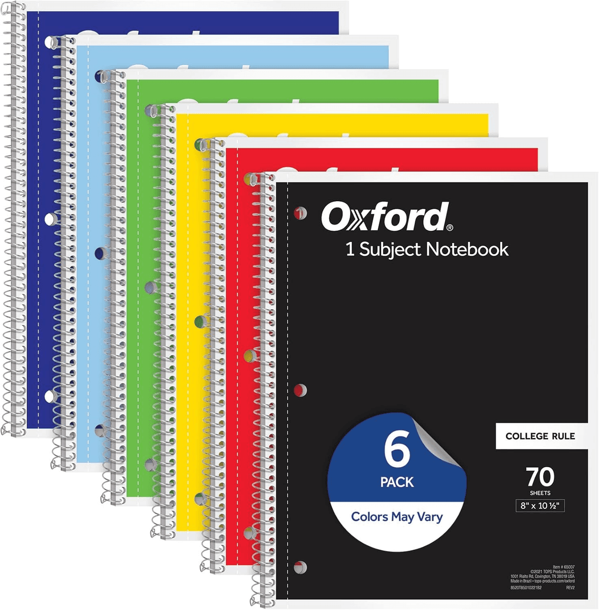 Oxford 1-Subject College-Ruled Spiral Notebooks, 6-Pack