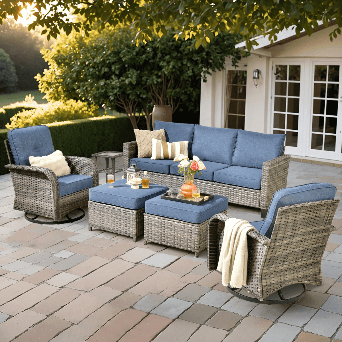 Ovios 6-Piece Rattan Patio Conversation Set with Blue Cushions