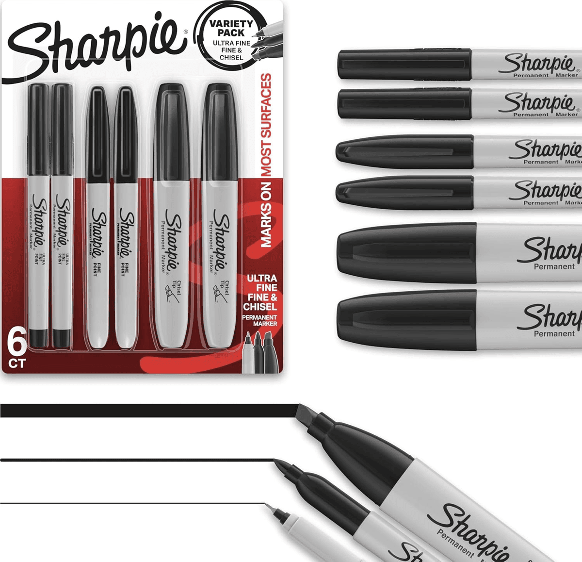 Sharpie Black Permanent Marker Variety Pack, 6 Count