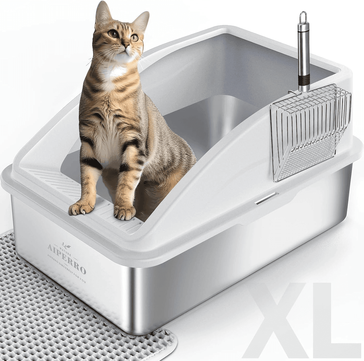 AIPERRO XL Stainless Steel Enclosed Cat Litter Box Set, Silver Grey