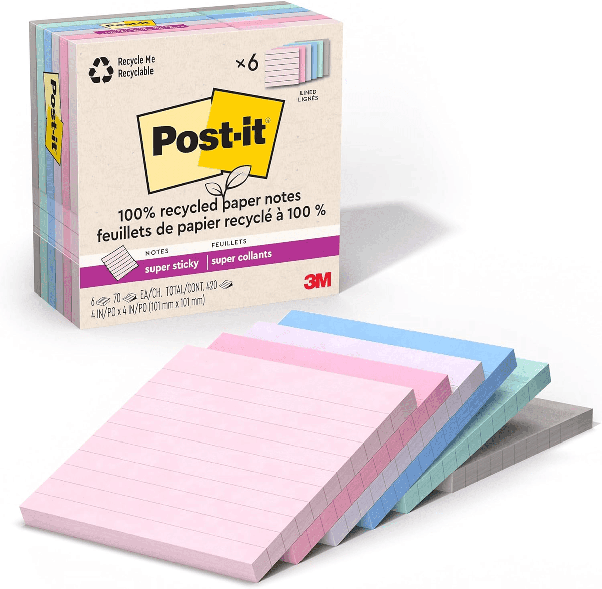 Post-it Super Sticky Recycled Lined Notes, 4 x 4 Inch, 6 Pads