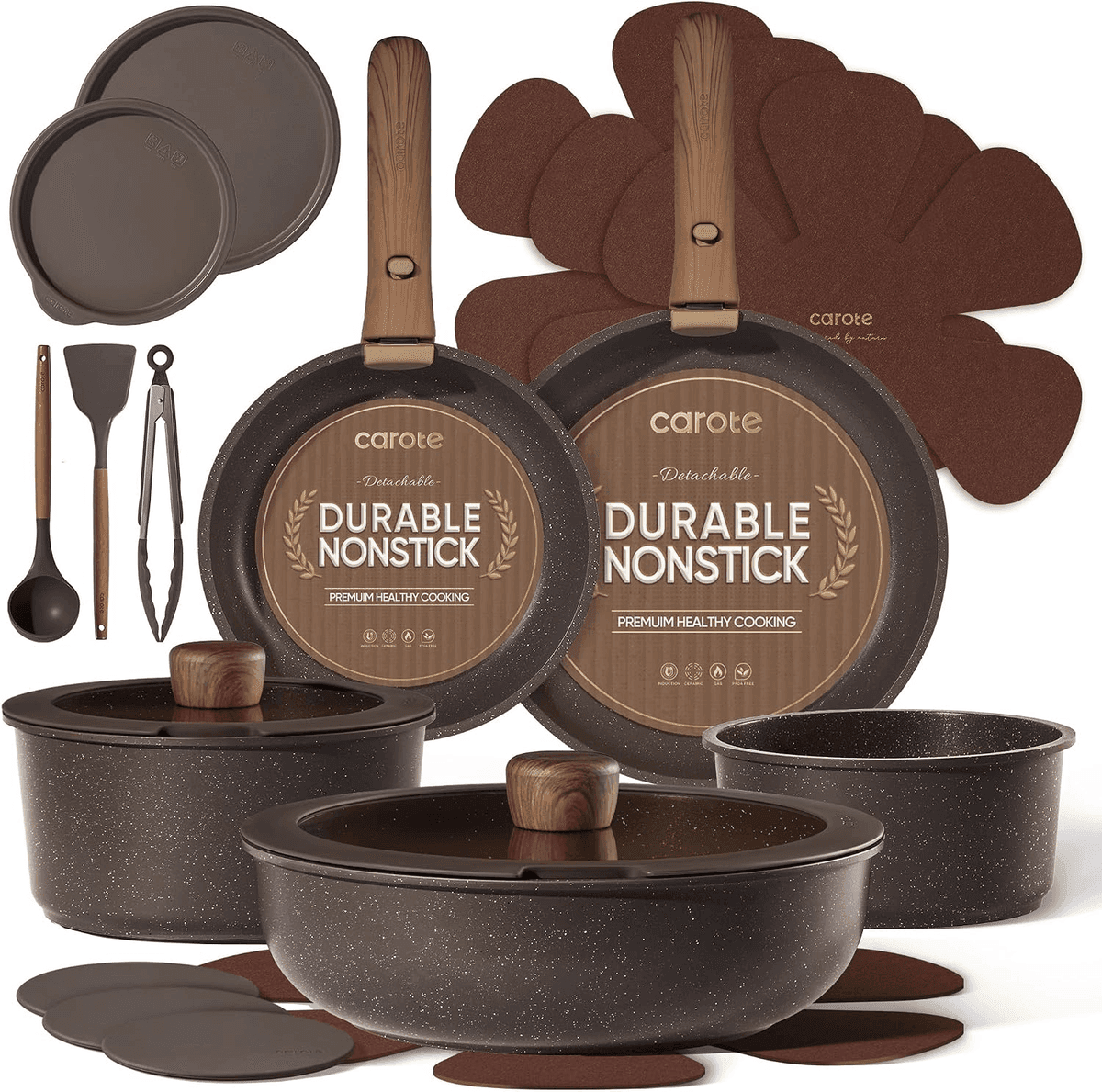 CAROTE 21-Piece Detachable-Handle Cookware Set for $69.99 [Prime]