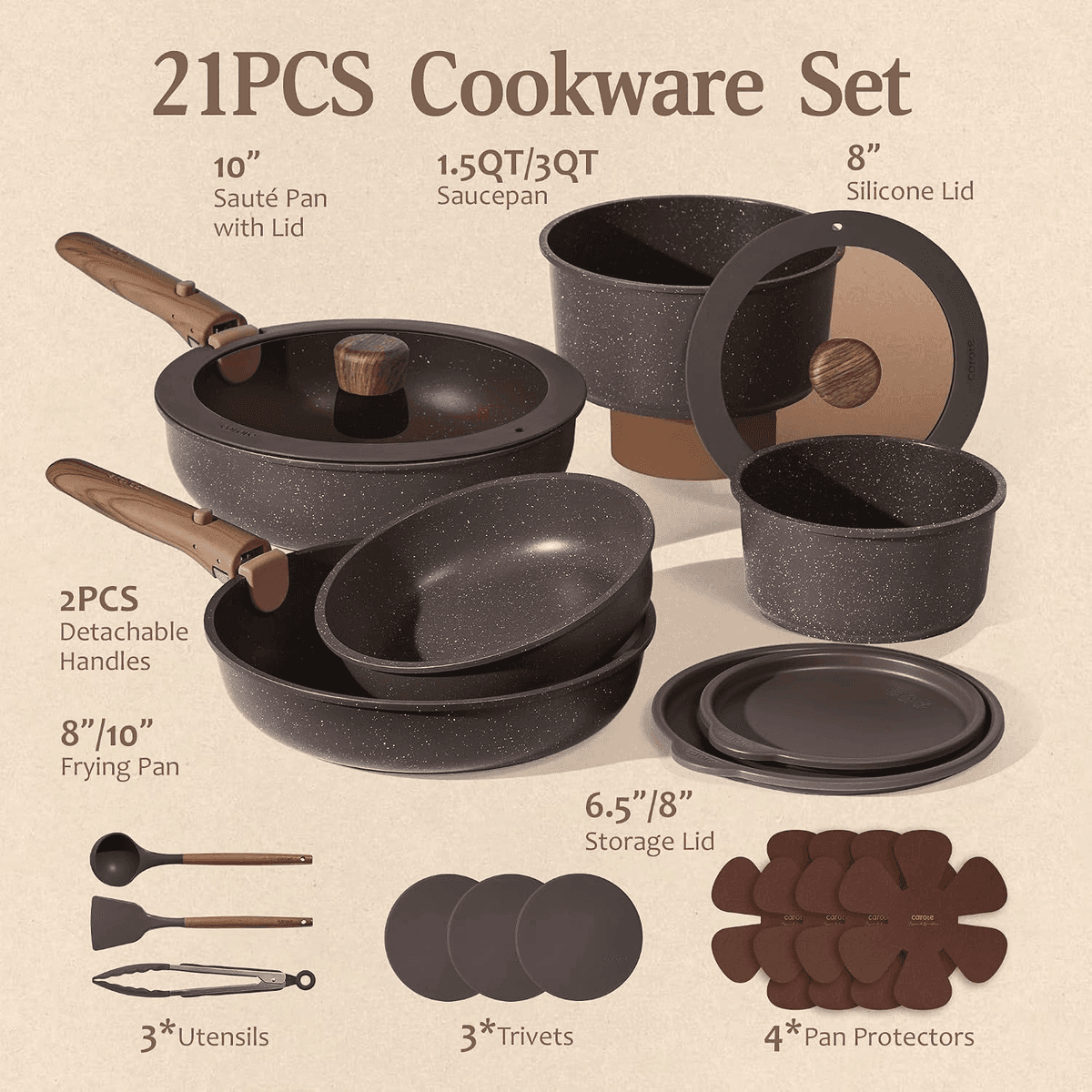CAROTE 21-Piece Detachable-Handle Cookware Set for $69.99 [Prime] image 2