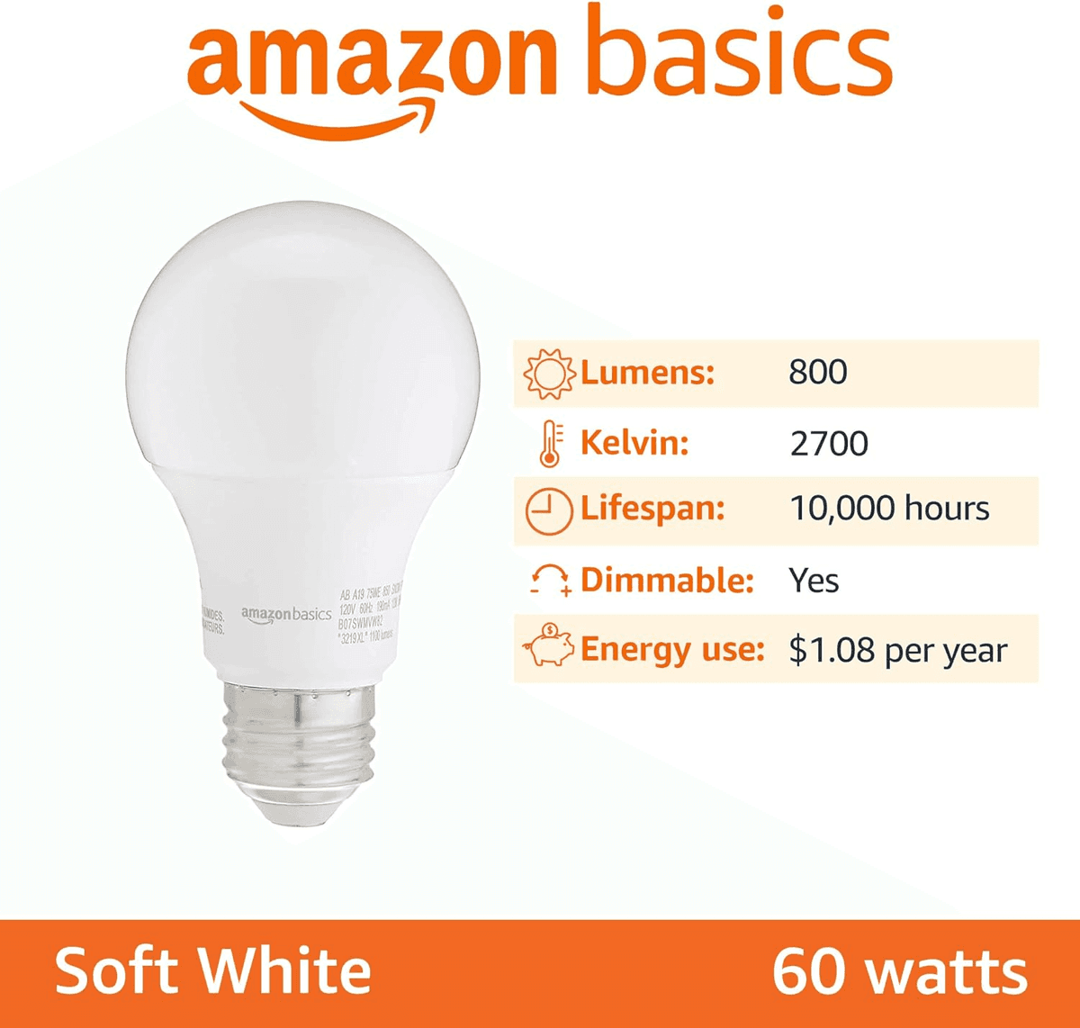 Amazon Basics A19 Dimmable LED Light Bulbs, Soft White, 6-Pack image 2