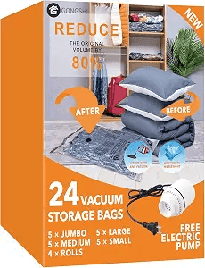 GONGSHI Vacuum Storage Bags with Electric Pump 24-Pack for $25.64