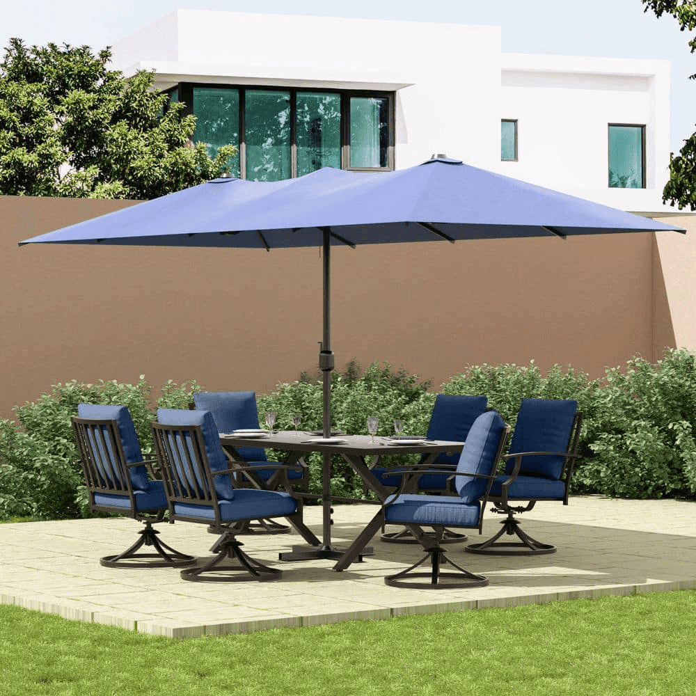 Halmuz 7-Piece Metal Patio Dining Set with Umbrella - Navy Blue