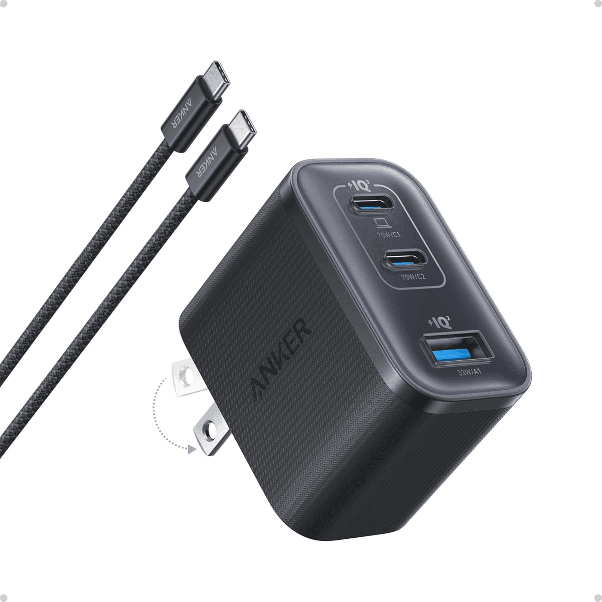 Anker Nano 70W 3-Port USB-C Charger with Cable - Black