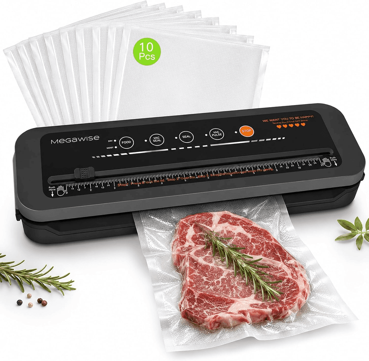 MEGAWISE 80kPa Vacuum Sealer with Built-In Cutter and 10 Bags