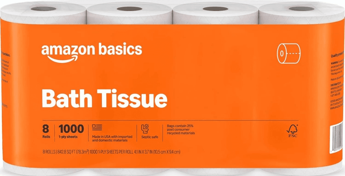 Amazon Basics 1-Ply Bath Tissue 8 Rolls $6.59
