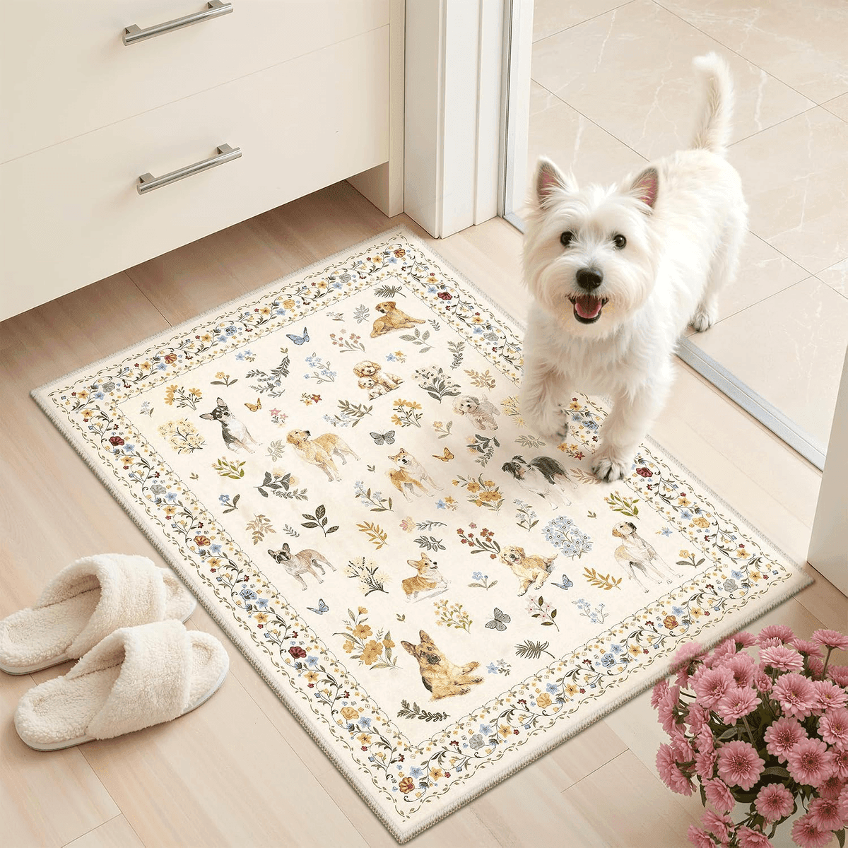 Soalmost 2x3 Washable Dog Floral Entryway Rug - Beige